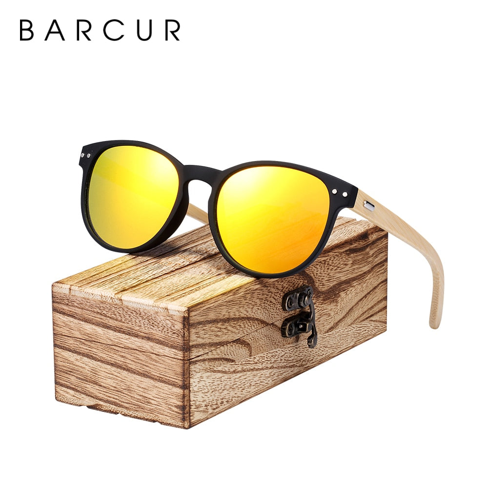 BARCUR Vintage Round Sunglasses Bamboo Temples Polarized Wood Sun glasses Men Women Shades oculos