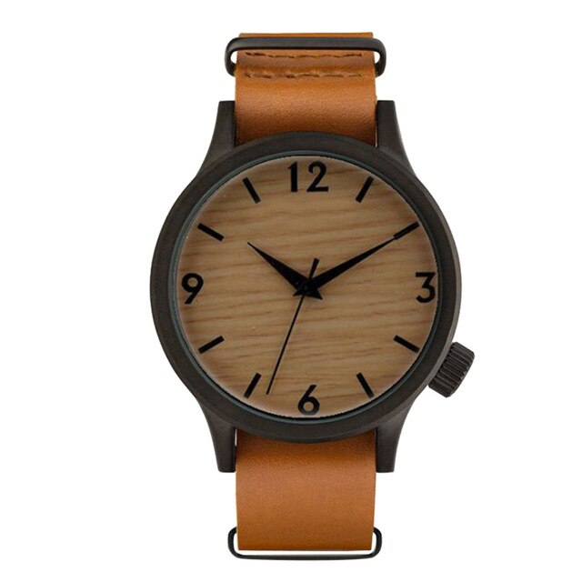 Fashion Style Wood Grain Leather Women Men Quartz Wrist Watch Unisex Dress Wristwatches Male and Female Bamboo Clock Creative