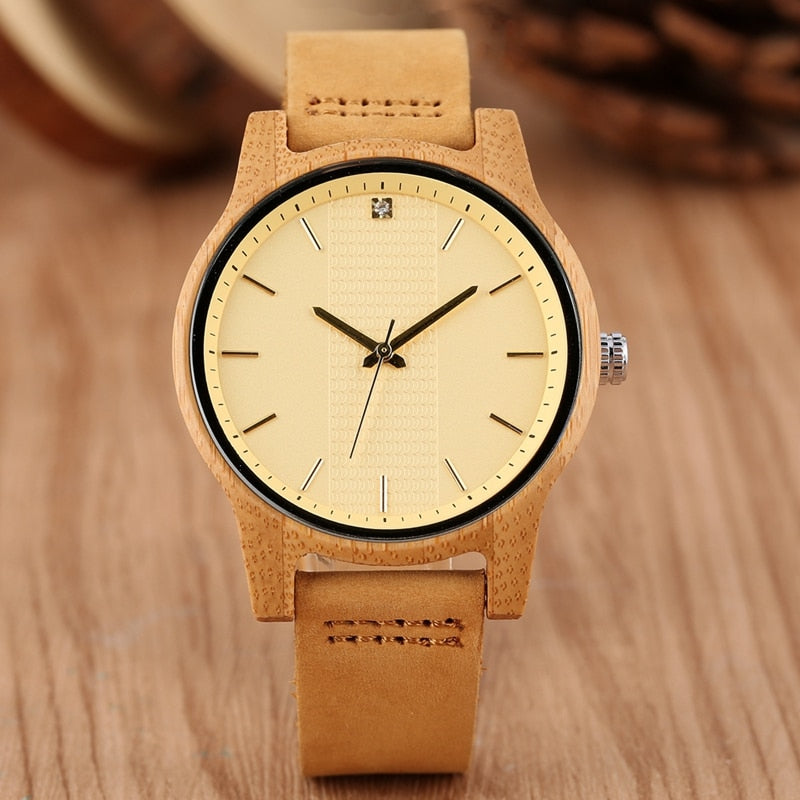 Bamboo Wood Women Watch Crystal Diamond Dial Analog Unique Female Model Watch Casual Leather Band Quartz Wristwatch Luxury reloj