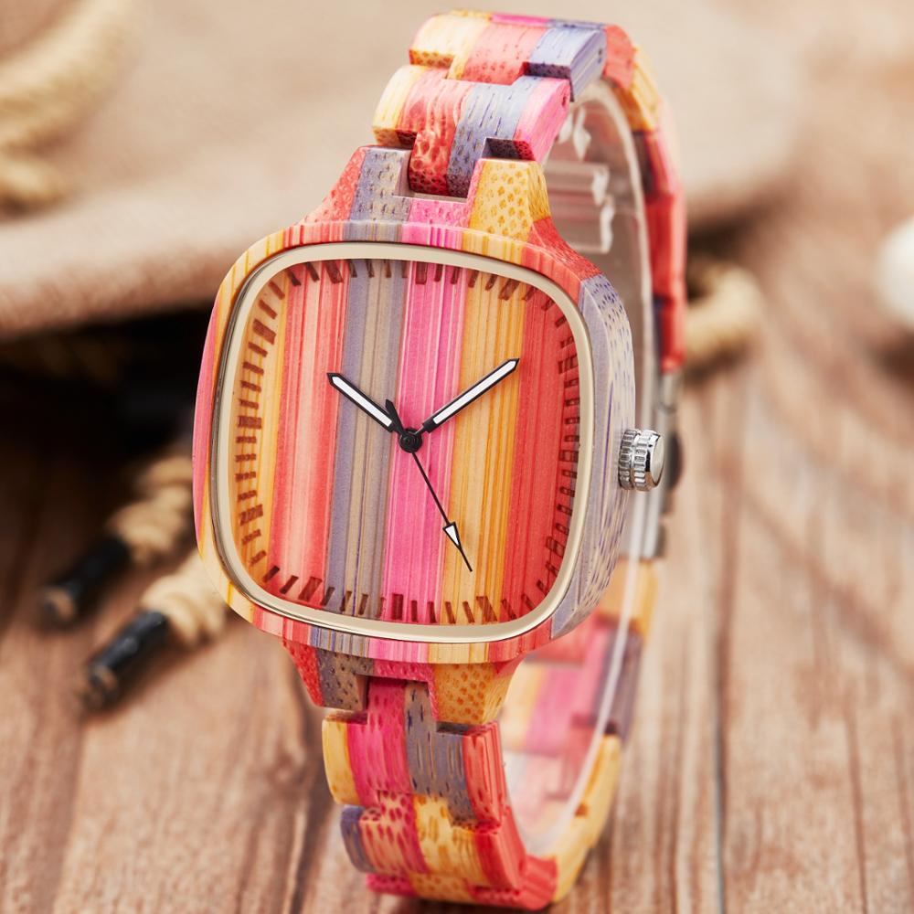 Fashion Colorful Rainbow Wood Watches Women Quartz Wristwatches Casual Wooden Color Leather Strap Female Watch Reloj Mujer