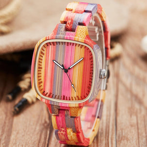 Fashion Colorful Rainbow Wood Watches Women Quartz Wristwatches Casual Wooden Color Leather Strap Female Watch Reloj Mujer