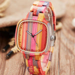 Fashion Colorful Rainbow Wood Watches Women Quartz Wristwatches Casual Wooden Color Leather Strap Female Watch Reloj Mujer