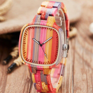 Fashion Colorful Rainbow Wood Watches Women Quartz Wristwatches Casual Wooden Color Leather Strap Female Watch Reloj Mujer