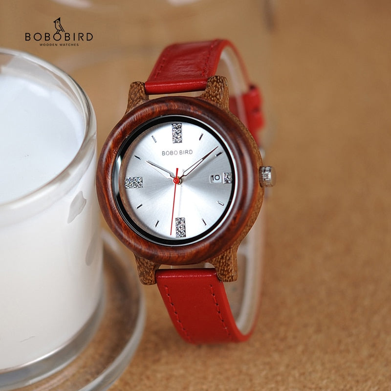 BOBO BIRD Brand Women Wood Watch 37mm Wooden PU Strap Wristwatches Female Timepieces Lady Quartz Watch relogio feminino