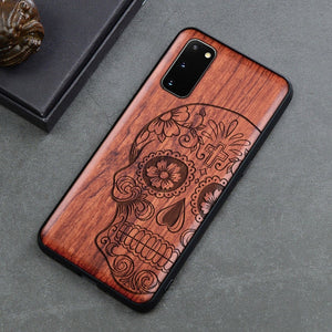 Carved Skull Elephant Wood Phone Case For Samsung Galaxy s20 s10 s10+ note 10 plus Samsung s20 ultra Silicon Wooden Case Cover