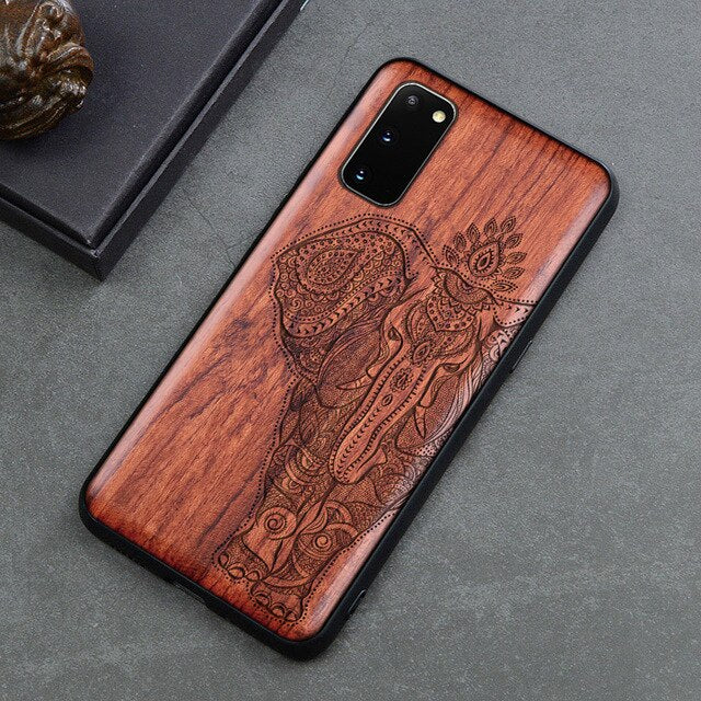 Carved Skull Elephant Wood Phone Case For Samsung Galaxy s20 s10 s10+ note 10 plus Samsung s20 ultra Silicon Wooden Case Cover