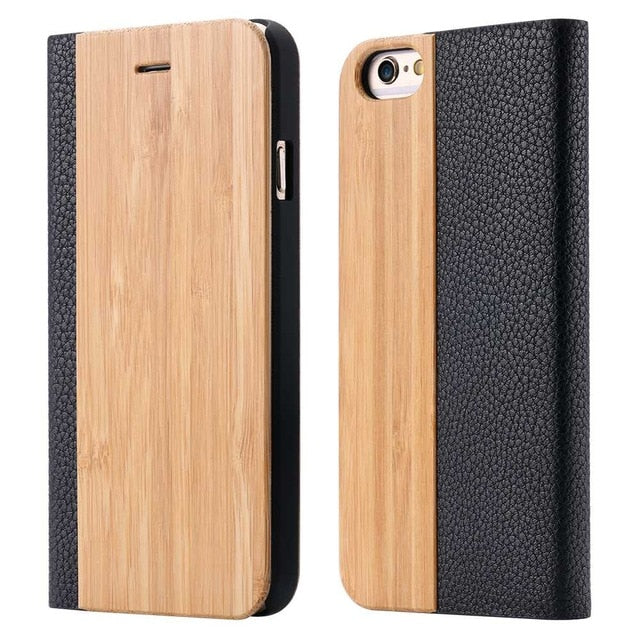NORTHFIRE Bamboo Natural Wood Case For iPhone 11/11 Pro Max XR X XS Max 6/6S/7/8 Plus PU Leather Flip Case Coque Pouch
