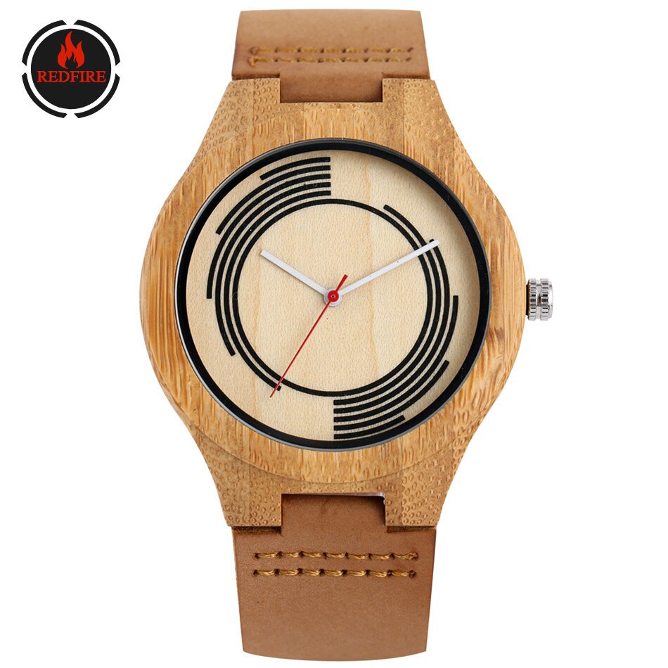 REDFIRE Eco-friendly Bamboo Watch for Men Creative Design Round Dial Men's Watches Black/Brown Genuine Leather Mens Wrist Watch