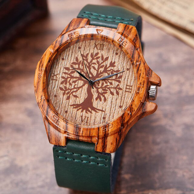 Creative Tree of Life Imitation Bamboo Wood Watch Men Women Couple Quartz Wooden Clock Leather Wristwatch Male Reloj montre uhr