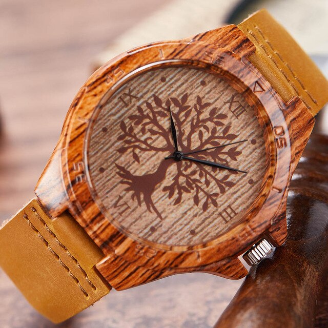 Creative Tree of Life Imitation Bamboo Wood Watch Men Women Couple Quartz Wooden Clock Leather Wristwatch Male Reloj montre uhr