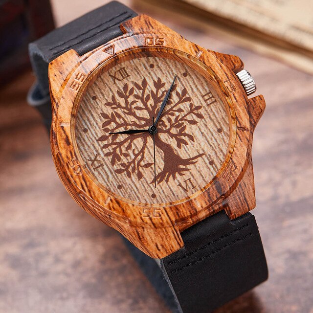 Creative Tree of Life Imitation Bamboo Wood Watch Men Women Couple Quartz Wooden Clock Leather Wristwatch Male Reloj montre uhr