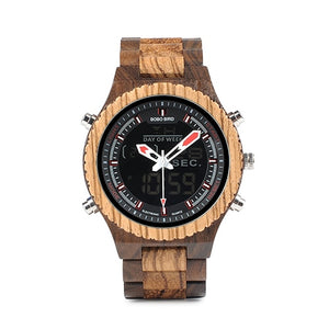 BOBO BIRD LED Digital Wood Case Watch Men Dual Display Quartz Watches Man Luxury relogio masculino in Bamboo Gift Box W-P02