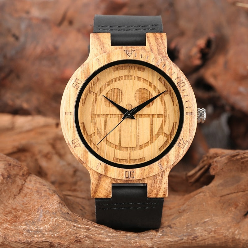 Unique One Piece Wood Watches Men Engraved Skull Dial Pure Bamboo Wood Clock Man Quartz Analog Black Genuine Leather Band Watch