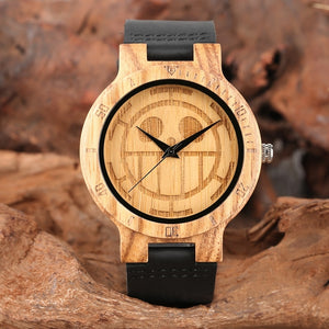 Unique One Piece Wood Watches Men Engraved Skull Dial Pure Bamboo Wood Clock Man Quartz Analog Black Genuine Leather Band Watch