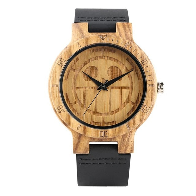 Unique One Piece Wood Watches Men Engraved Skull Dial Pure Bamboo Wood Clock Man Quartz Analog Black Genuine Leather Band Watch