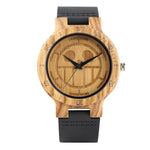 Unique One Piece Wood Watches Men Engraved Skull Dial Pure Bamboo Wood Clock Man Quartz Analog Black Genuine Leather Band Watch