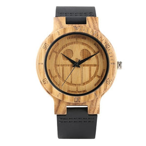 Unique One Piece Wood Watches Men Engraved Skull Dial Pure Bamboo Wood Clock Man Quartz Analog Black Genuine Leather Band Watch