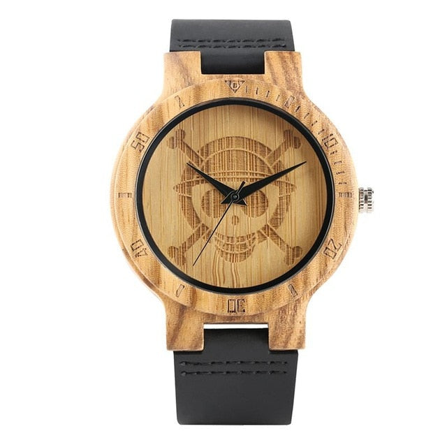 Unique One Piece Wood Watches Men Engraved Skull Dial Pure Bamboo Wood Clock Man Quartz Analog Black Genuine Leather Band Watch