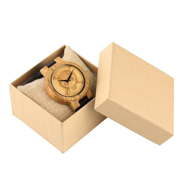 Unique One Piece Wood Watches Men Engraved Skull Dial Pure Bamboo Wood Clock Man Quartz Analog Black Genuine Leather Band Watch
