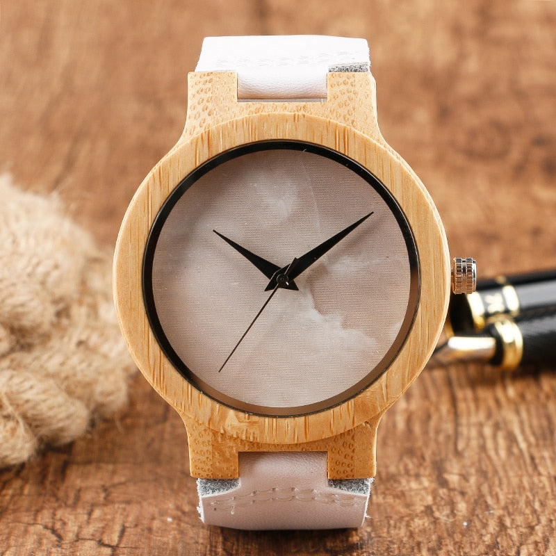 Minimalist Bamboo Watch Creative Marble Pattern Face Women Natural Cloud Wood Clock Men Quartz Wristwatch Genuine Leather Bangle