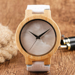 Minimalist Bamboo Watch Creative Marble Pattern Face Women Natural Cloud Wood Clock Men Quartz Wristwatch Genuine Leather Bangle