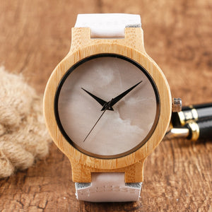 Minimalist Bamboo Watch Creative Marble Pattern Face Women Natural Cloud Wood Clock Men Quartz Wristwatch Genuine Leather Bangle