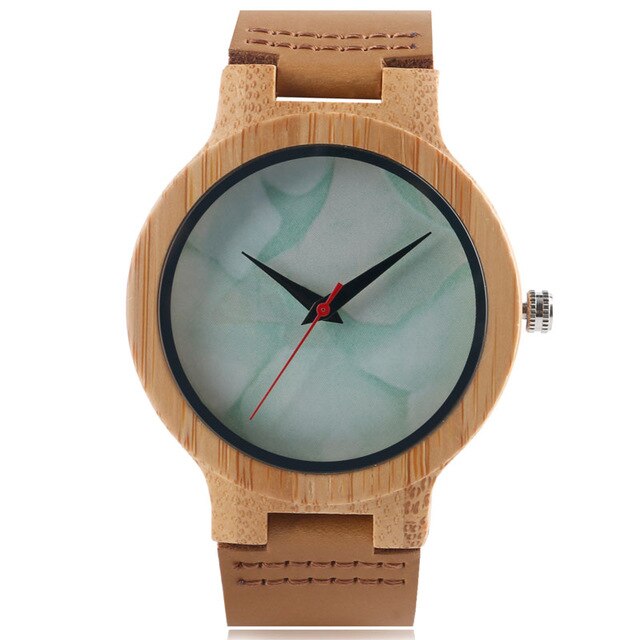 Minimalist Bamboo Watch Creative Marble Pattern Face Women Natural Cloud Wood Clock Men Quartz Wristwatch Genuine Leather Bangle