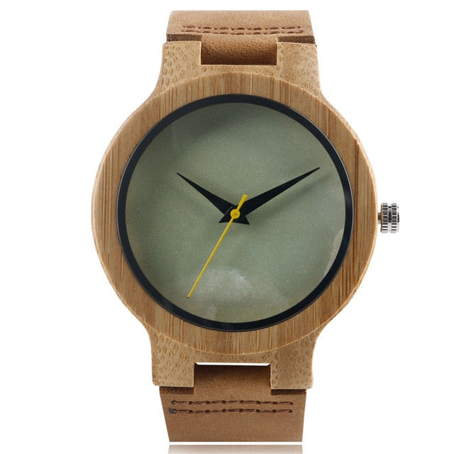 Minimalist Bamboo Watch Creative Marble Pattern Face Women Natural Cloud Wood Clock Men Quartz Wristwatch Genuine Leather Bangle