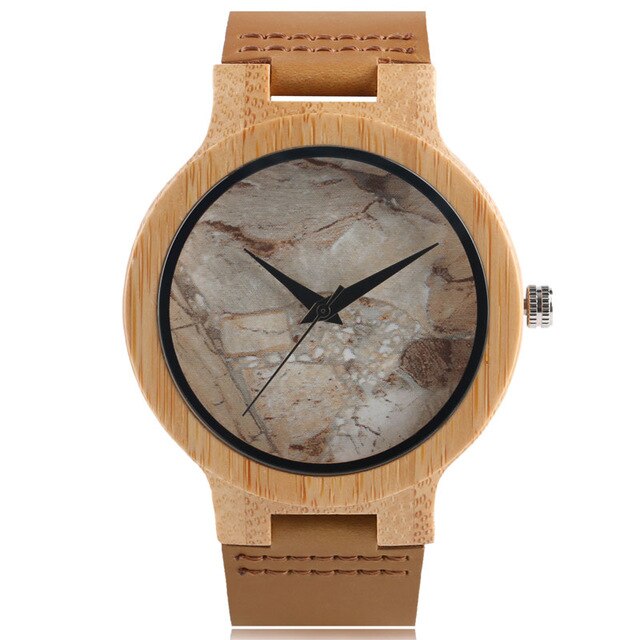Minimalist Bamboo Watch Creative Marble Pattern Face Women Natural Cloud Wood Clock Men Quartz Wristwatch Genuine Leather Bangle