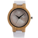 Minimalist Bamboo Watch Creative Marble Pattern Face Women Natural Cloud Wood Clock Men Quartz Wristwatch Genuine Leather Bangle
