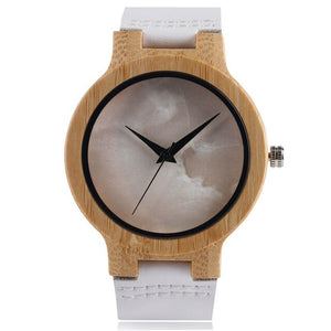 Minimalist Bamboo Watch Creative Marble Pattern Face Women Natural Cloud Wood Clock Men Quartz Wristwatch Genuine Leather Bangle