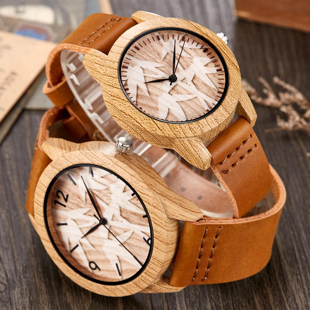 Creative Wood Watch Men Women Couple Quartz Imitate Bamboo Wooden Watch Minimalist Watches Soft Brown Leather Wrist Clock Reloj