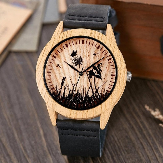 Creative Wood Watch Men Women Couple Quartz Imitate Bamboo Wooden Watch Minimalist Watches Soft Brown Leather Wrist Clock Reloj