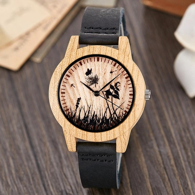 Creative Wood Watch Men Women Couple Quartz Imitate Bamboo Wooden Watch Minimalist Watches Soft Brown Leather Wrist Clock Reloj