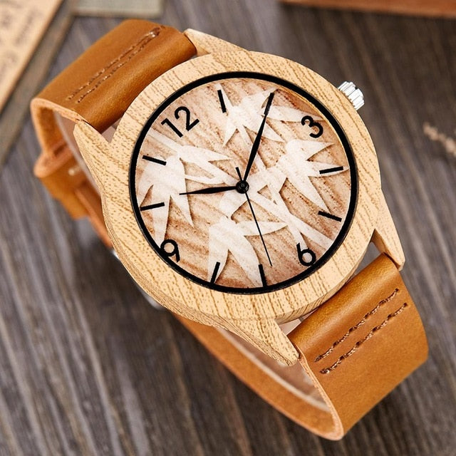 Creative Wood Watch Men Women Couple Quartz Imitate Bamboo Wooden Watch Minimalist Watches Soft Brown Leather Wrist Clock Reloj