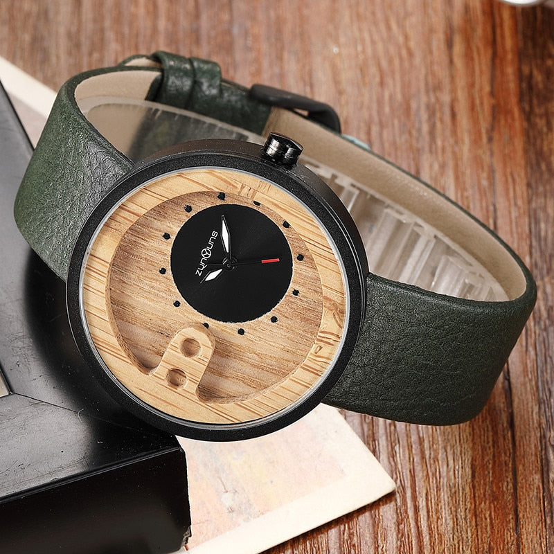 Fashion Top Brand Wooden Watch Men Exquisite Carving Hollow Design Male Clock Unique Green Leather Quartz Wood Watches relogio