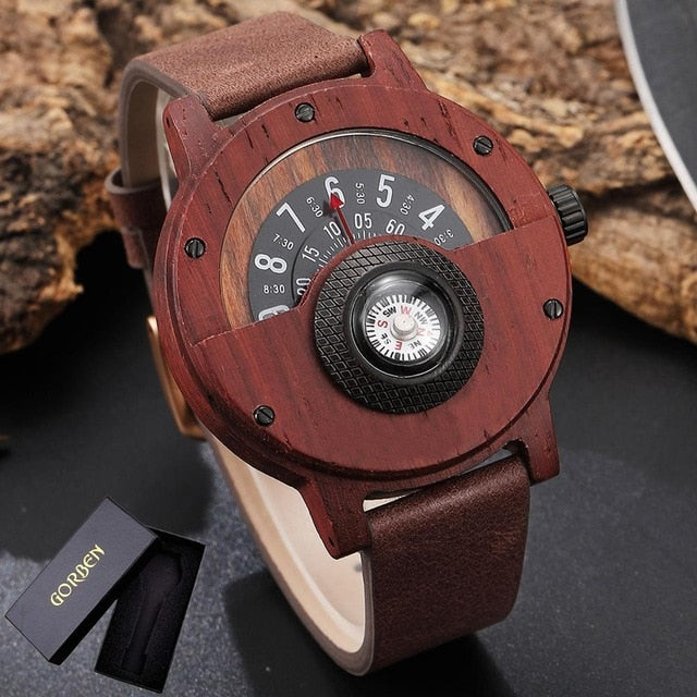 Creative WOOD Watch Men Turntable Compass Dial Real Walnut Ebony Bamboo Wooden Watches Male Brown Black WOODEN Clock Wrist Reloj