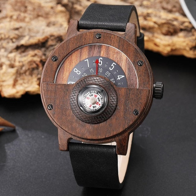 Creative WOOD Watch Men Turntable Compass Dial Real Walnut Ebony Bamboo Wooden Watches Male Brown Black WOODEN Clock Wrist Reloj