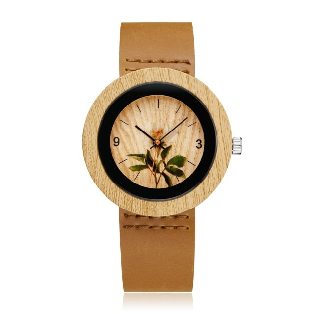 Fashion Women Wood Watch Leather Band Flower Analog Quartz Men Wrist Watches reloj de bambu mujer Male Bamboo Montre homme Reloj