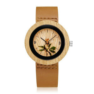 Fashion Women Wood Watch Leather Band Flower Analog Quartz Men Wrist Watches reloj de bambu mujer Male Bamboo Montre homme Reloj