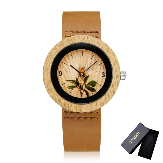 Fashion Women Wood Watch Leather Band Flower Analog Quartz Men Wrist Watches reloj de bambu mujer Male Bamboo Montre homme Reloj