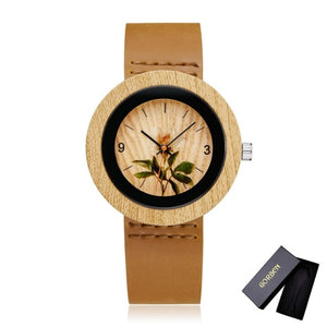 Fashion Women Wood Watch Leather Band Flower Analog Quartz Men Wrist Watches reloj de bambu mujer Male Bamboo Montre homme Reloj