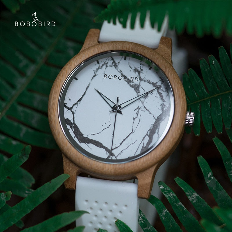 BOBO BIRD Handmade Wooden Watch Men Women Quartz Wristwatches Marble Literal Silicone Band Clock As Lady Gift reloj mujer In Box