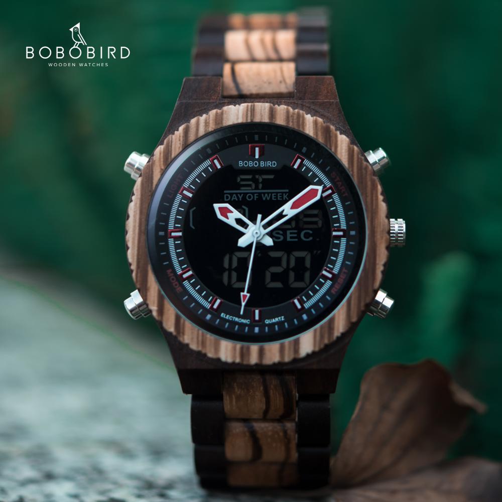 BOBO BIRD LED Digital Wood Case Watch Men Dual Display Quartz Watches Man Luxury relogio masculino in Bamboo Gift Box W-P02