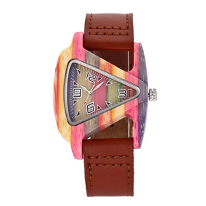 ALK Women Wooden Watch Ladies Quartz Watches Female Male Bamboo Leather Strap Wristwatch Unisex Triangle Wood Clock Dropshipping