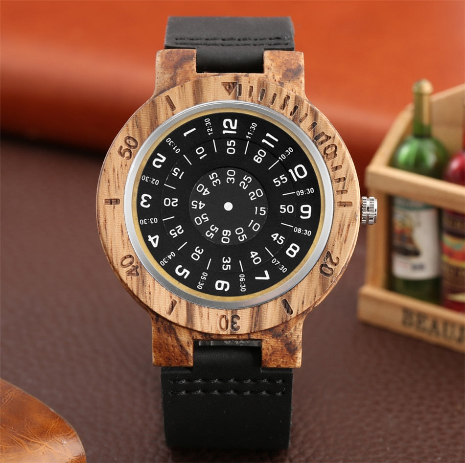New Arrival 2020 Creative Wood Watches for Men Quartz Wrist Watch Black Genuine Leather Watch band Trendy Cool Wooden Timepiece