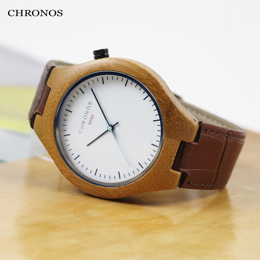 CHRONOS Men Creative Bamboo Wooden Quartz Watch Male Stylish Special Round Shape Leather Buckle Belt Fashion WristWatch CH08