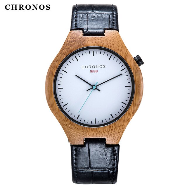 CHRONOS Men Creative Bamboo Wooden Quartz Watch Male Stylish Special Round Shape Leather Buckle Belt Fashion WristWatch CH08