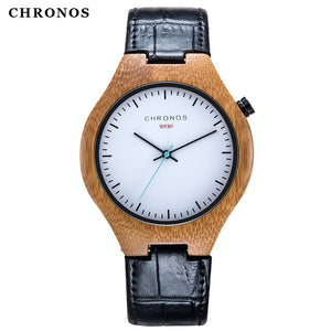 CHRONOS Men Creative Bamboo Wooden Quartz Watch Male Stylish Special Round Shape Leather Buckle Belt Fashion WristWatch CH08