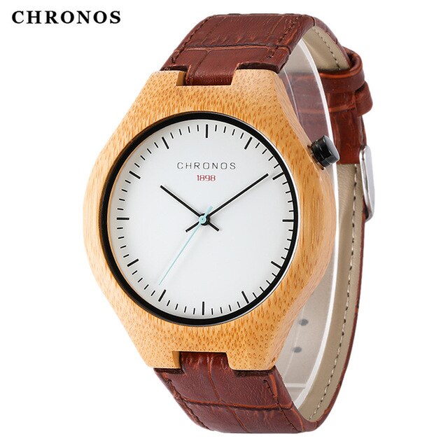 CHRONOS Men Creative Bamboo Wooden Quartz Watch Male Stylish Special Round Shape Leather Buckle Belt Fashion WristWatch CH08